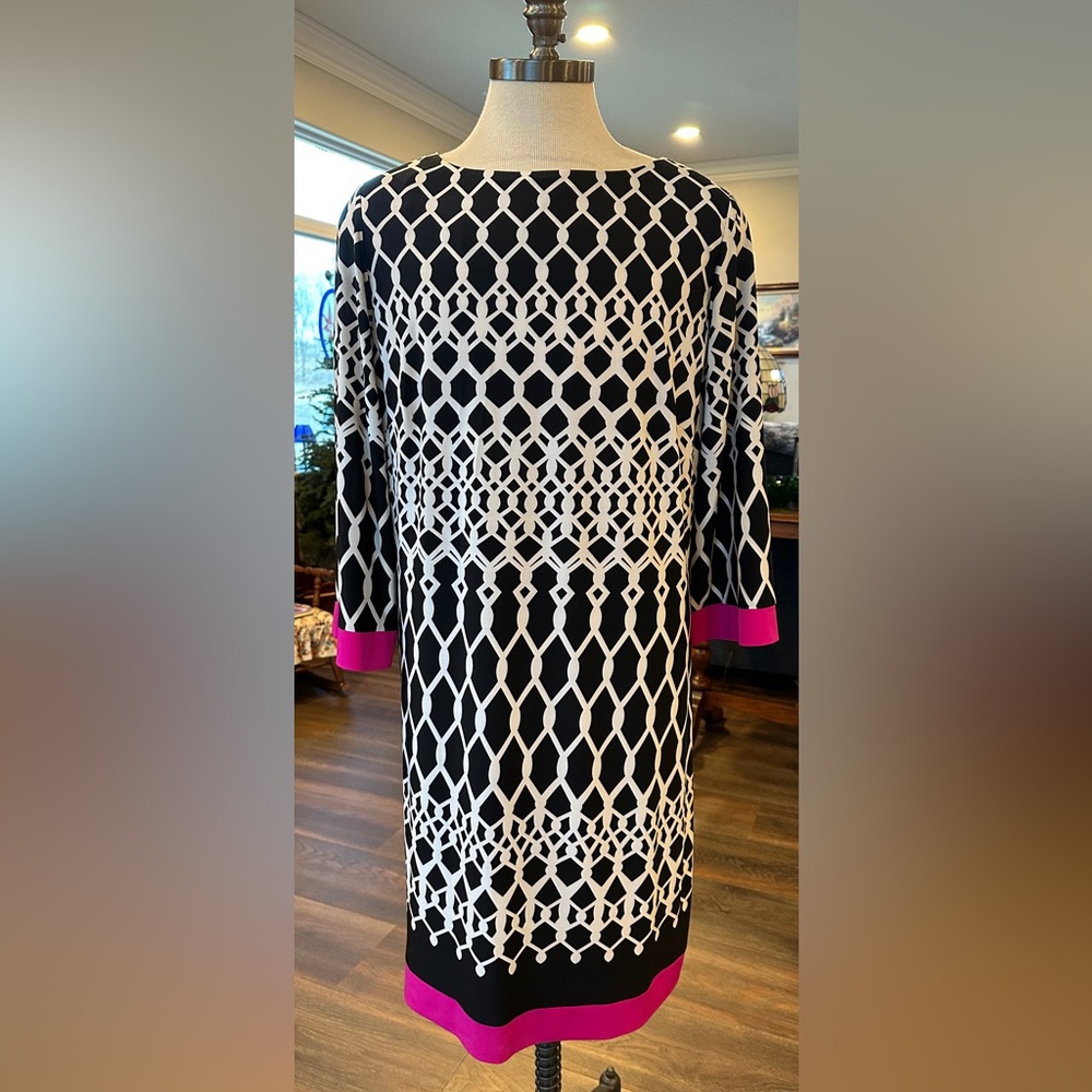 Black & White Geometric Midi Dress with Pink Accents